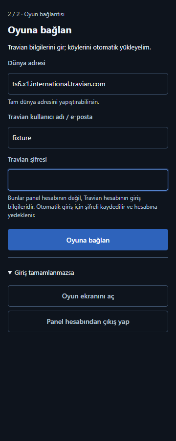 Dünya, kullanıcı adı ve boş şifre alanlarıyla örnek Travian Panel oyun bağlantısı formu